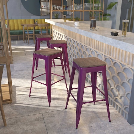 Flash Furniture Backless Purple Barstool with Square Wood Seat, 30" High, PK4 4-ET-BT3503-30-PUR-WD-GG